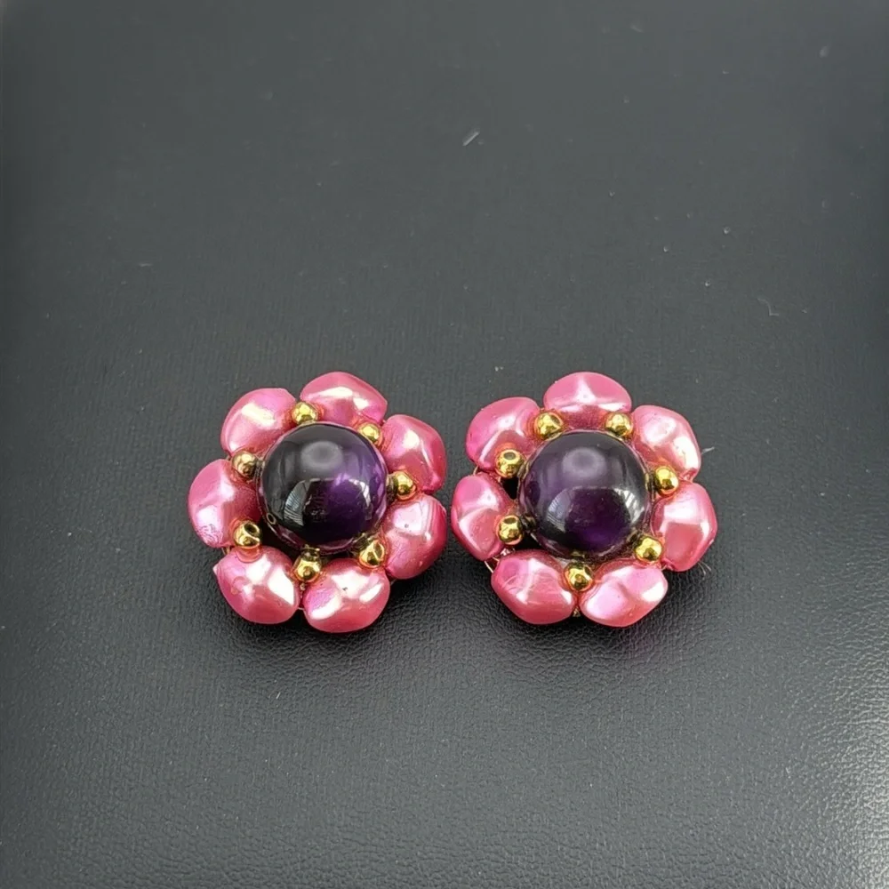 Vintage pink and purple floral cluster statement clip on earrings